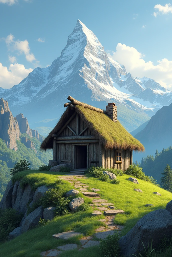 Pilaster peasant hut on a hill with a mountain in the background