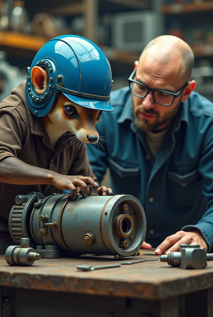 a human-shaped weasel wearing a blue helmet working on a pneumatic cylinder accompanied by a bald man with glasses