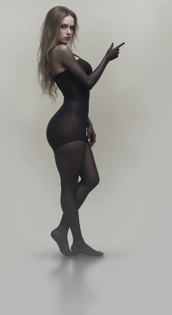 pale skin girl, big thighs, black dress and black tights, Full view 