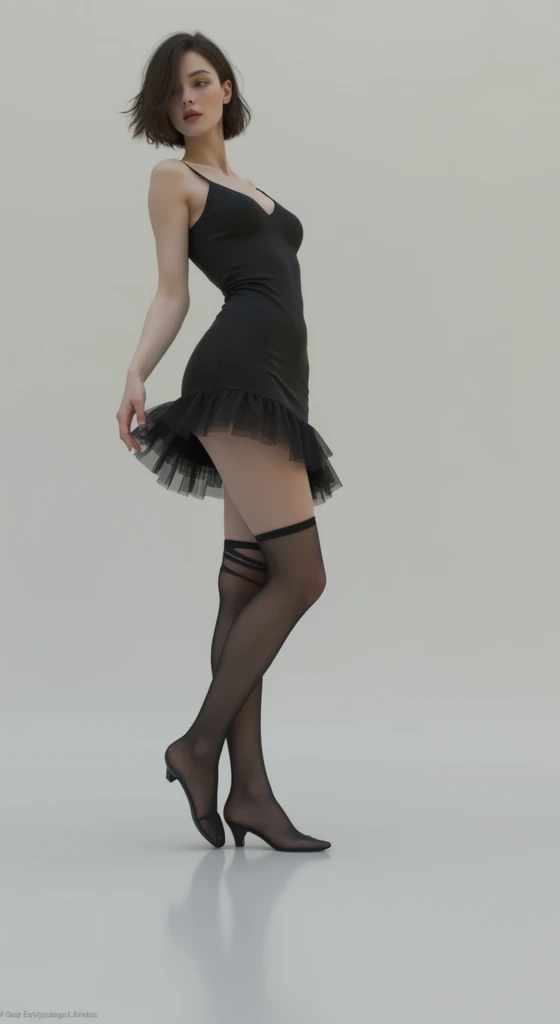 pale skin girl, big thighs, black dress and black tights, Full view