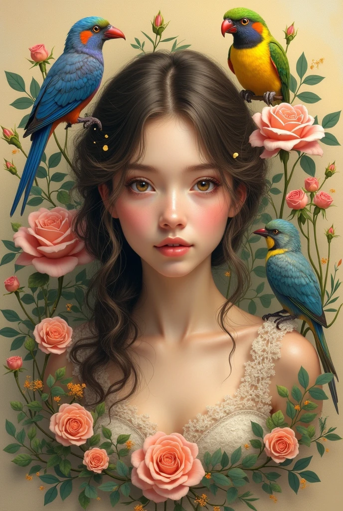 portrait of a pretty girl surrounded by exotic birds flowers and various roses, plain brown and light yellow surface background