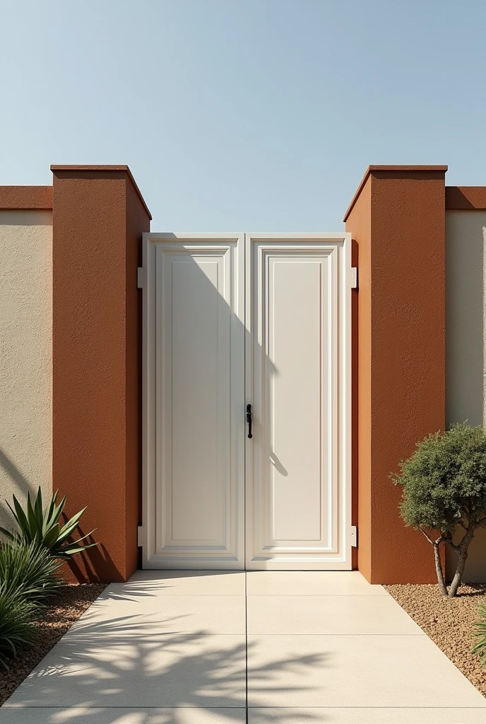 I have a 40-meter linear wall with a metal social gate painted white. (gate all closed, no air passage) and side and top columns painted in monkey brown, I need examples of designers for the wall, It has a thick roughcast texture painted in sand color, Give me photos of how I can improve the wall to make it more beautiful 