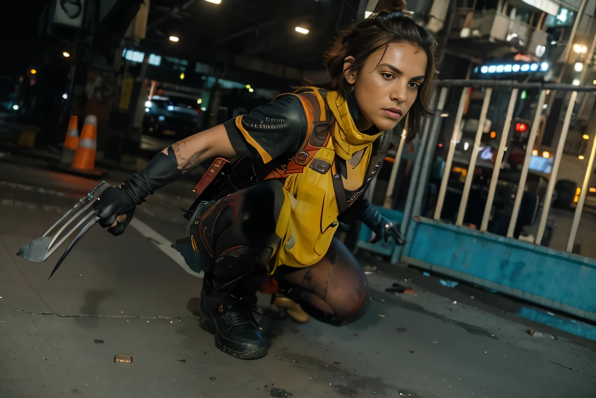 (Best quality, 8k, 32k, Masterpiece, UHD:1.2) To transform the setting of the image into the iconic freeway overpass scene from the first Deadpool movie, imagine an urban, gritty environment. The overpass is a concrete giant, with multiple lanes of traffic either side of the central divider. The concrete walls are stained with years of wear, and the road surface is cracked in places, showing signs of heavy use. Above, the sky is a cloudy gray, adding to the grimy atmosphere. The overpass rises above a chaotic mix of roadways below, crisscrossed with smaller roads and alleys. ((Wolverine))
Lining the sides of the freeway, you might see rusted metal barriers, graffitied and dented from countless collisions. In the distance, tall, nondescript buildings loom, their windows reflecting the dim light. The scene is tense, with an underlying sense of danger, as if something explosive is about to happen. The setting is stark, with minimal distractions, drawing all attention to the center where the action is about to unfold.
Everything about this environment screams urban decay and imminent chaos, a perfect stage for Deadpool’s outrageous and chaotic battle. The whole atmosphere is raw and unrefined, perfectly matching Deadpool’s irreverent and over-the-top style.