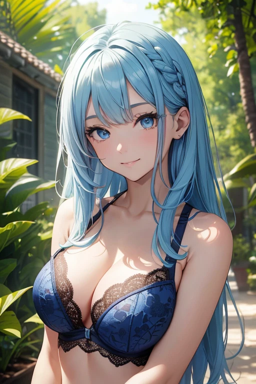 (masterpiece: 1.2, Highest quality), (Actual Photos, Intricate details), 1. woman, alone, Upper Body, bikini、Shoulder-length hair, Minimal makeup, Natural materials, Face close-up, smile, Home, (Light blue hair).blue eyes, Shoulder Bare、Smiling with teeth showing、(In the gap between my breasts).((sexy)).((Outdoor)).((Lace pattern clothing)).