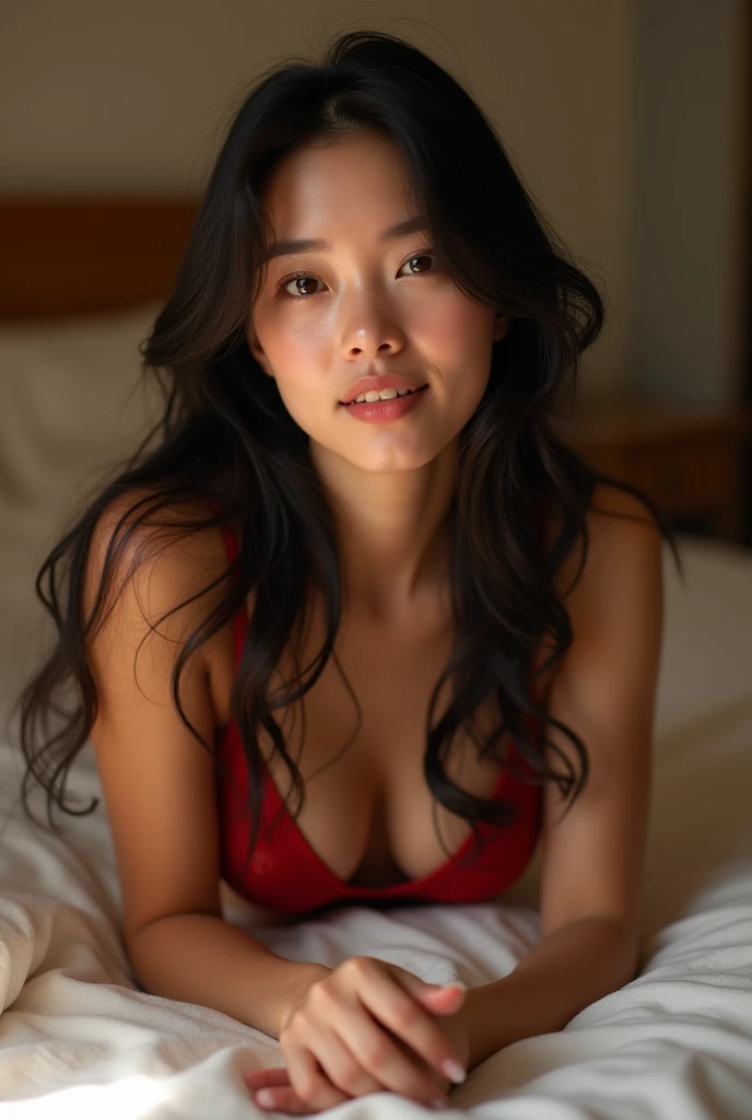 Create a beautiful young woman with white skin, black hair in a room, dressed in red lingerie, captured in a photo taken with an iPhone 15. She is lying on a bed, looking at the camera, smiling, with medium-sized breasts.