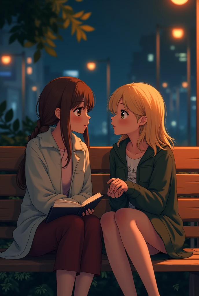 make a braid brown haired girl talking to a blonde girl on a wooden bench at night, next to a blond teenage boy reading quietly