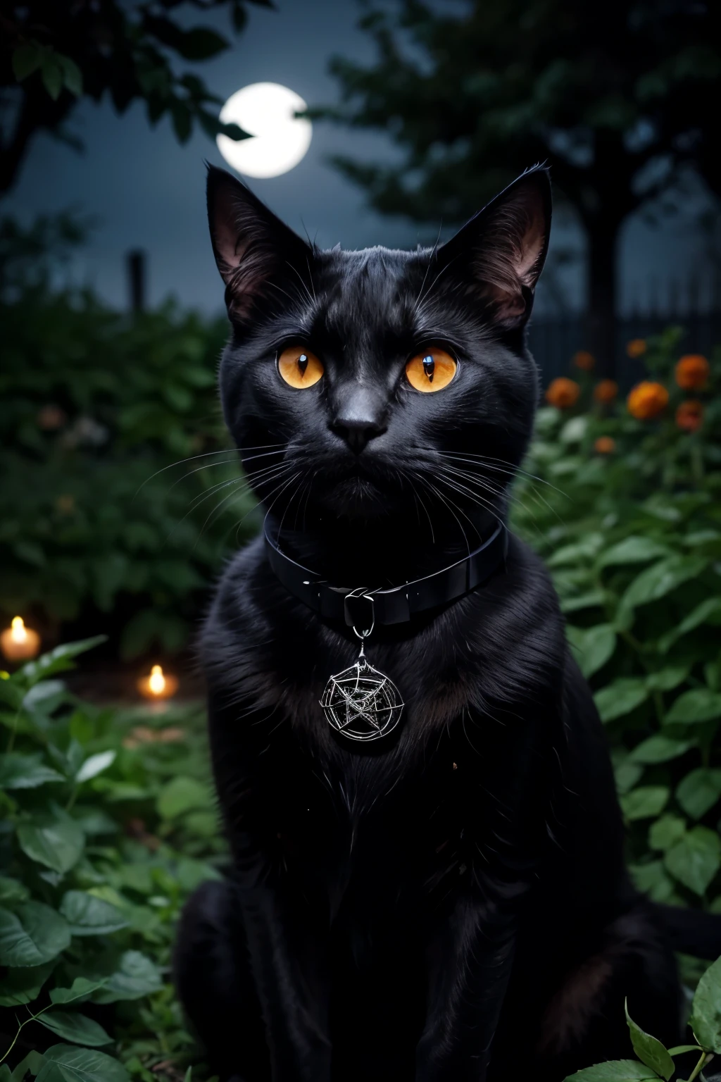Black cat with orange eyes wearing a pentagram collar around its neck in a garden of black roses. This evening there is a full moon and bats flying.