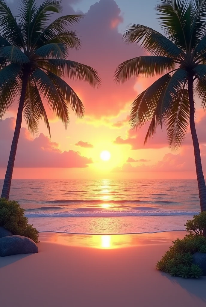 A sunset on the beach with palm trees on the sides