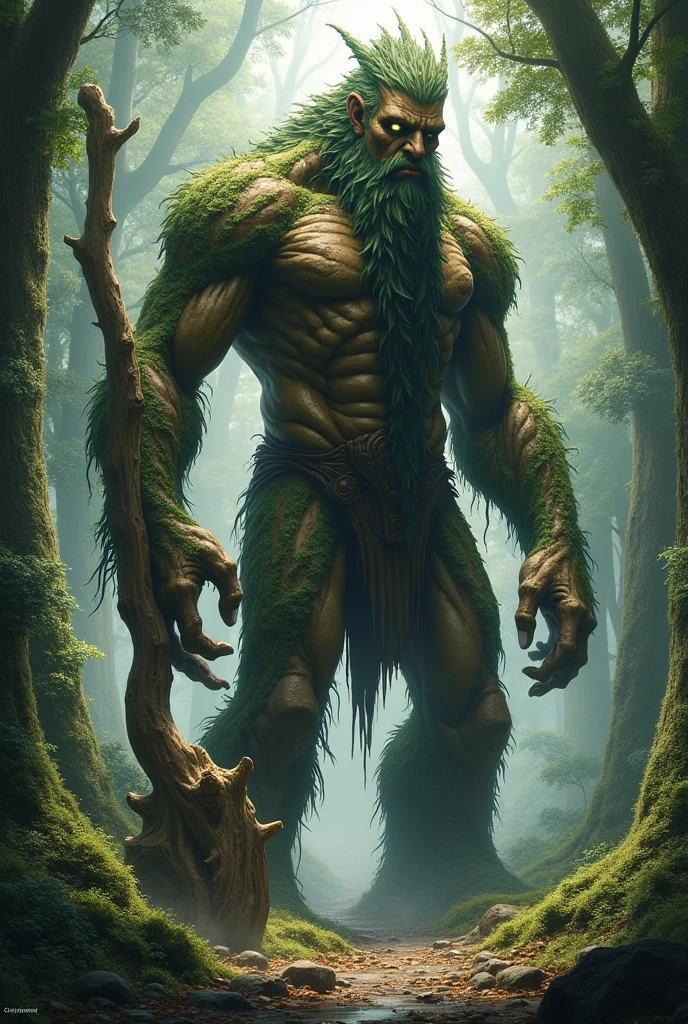 of a giant muscular tree-bodied humanoid Ents, with a beard in his left hand a chaste man, and in his right hand a tree branch as a club:
