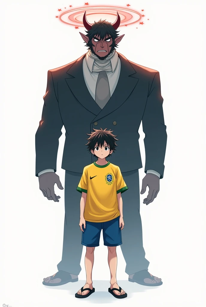A pale anime man with a tired appearance, short messy black hair, tired black eyes with Japanese descent. Wearing a yellow and blue Brazilian shirt from the 2019 Olympics and typical Brazilian blue shorts, black havaianas flops, standing in front of a completely white background. Detailed with full 8k quality. A half-demon man bigger than him behind him, black hair and skin, bandages around the neck, wearing a fancy suit, a red halo shaped like stars above the head.