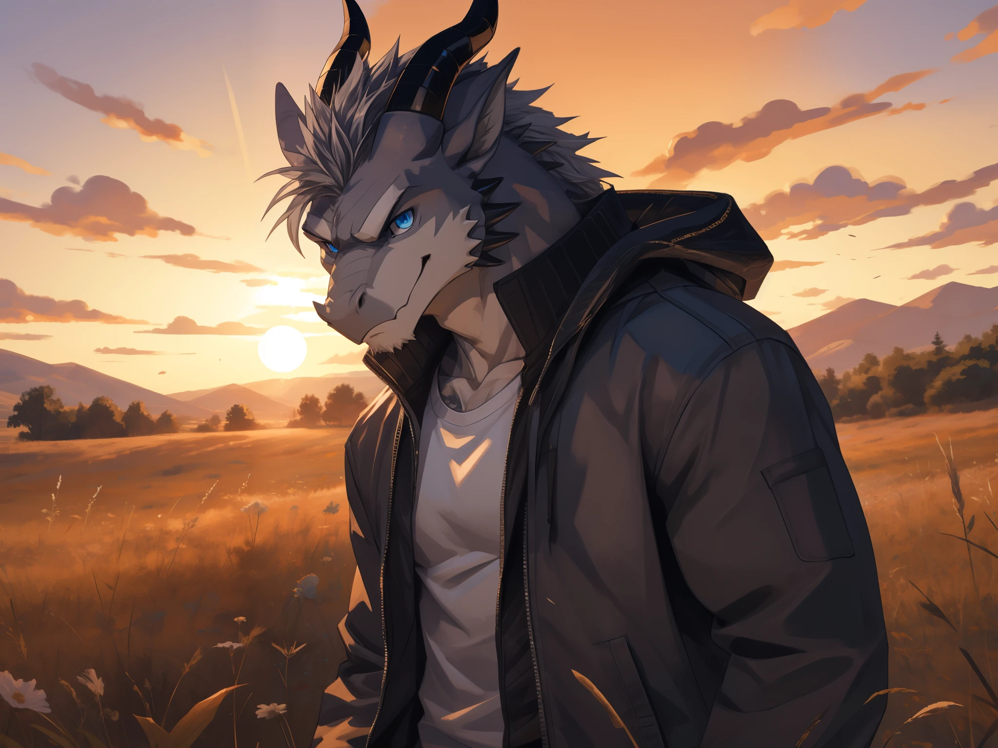 Masterpiece, Solo, (Grey dragon, Blue eyes, Medium gray hair, A Pair of black horns) Muscular Body, Handsome, Good Looking, Adult, Fierce, Smirking, White shirt, jacket, jeans, Sunset, Field Background