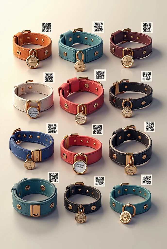 I need you to give me an image of many animal collars, of different sizes with QR
