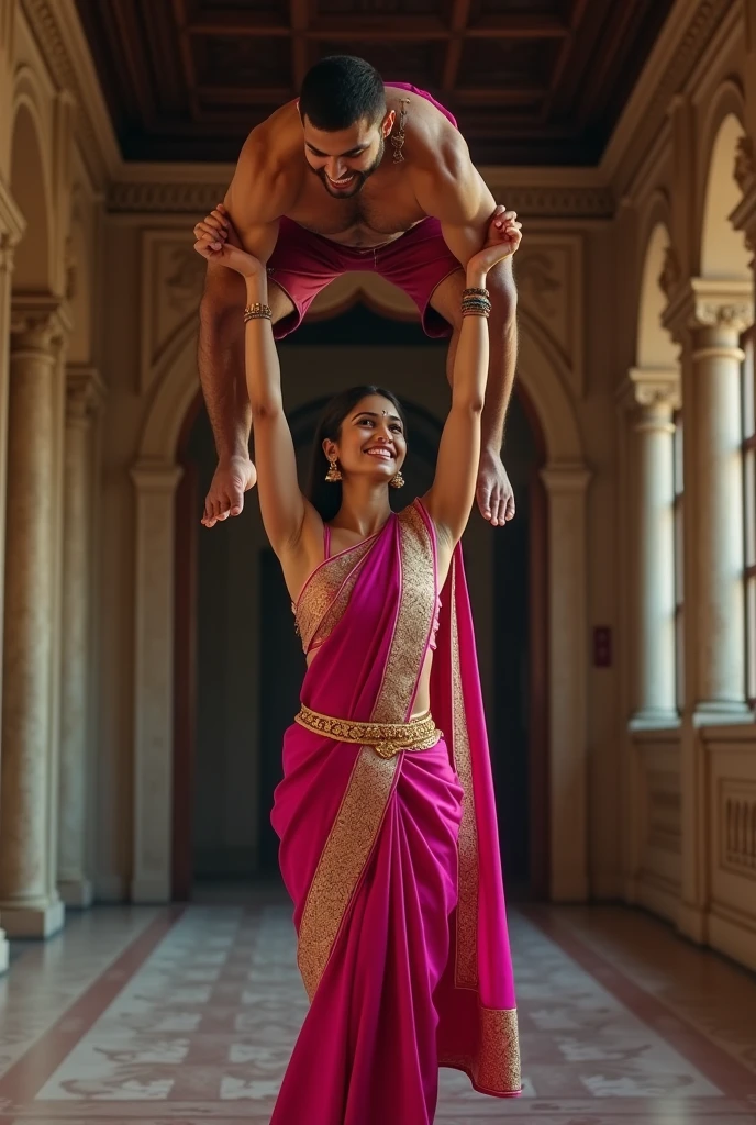 Smiling and Beautiful indian woman in dark pink silk saree  lifting up a large man on her head , in a room with high ceiling, full body view 