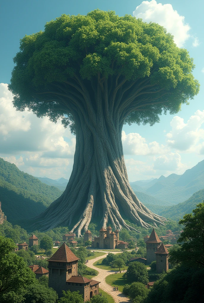 (giant tree, pre-flood, Prehistoric, bigger than mountains, 5km tall tree with a canopy of giant green leaves, Full HD, 4K, PICTURE REALISTIC, real-life, in the middle of a medieval castle full of wooden houses, hot tropical climate
