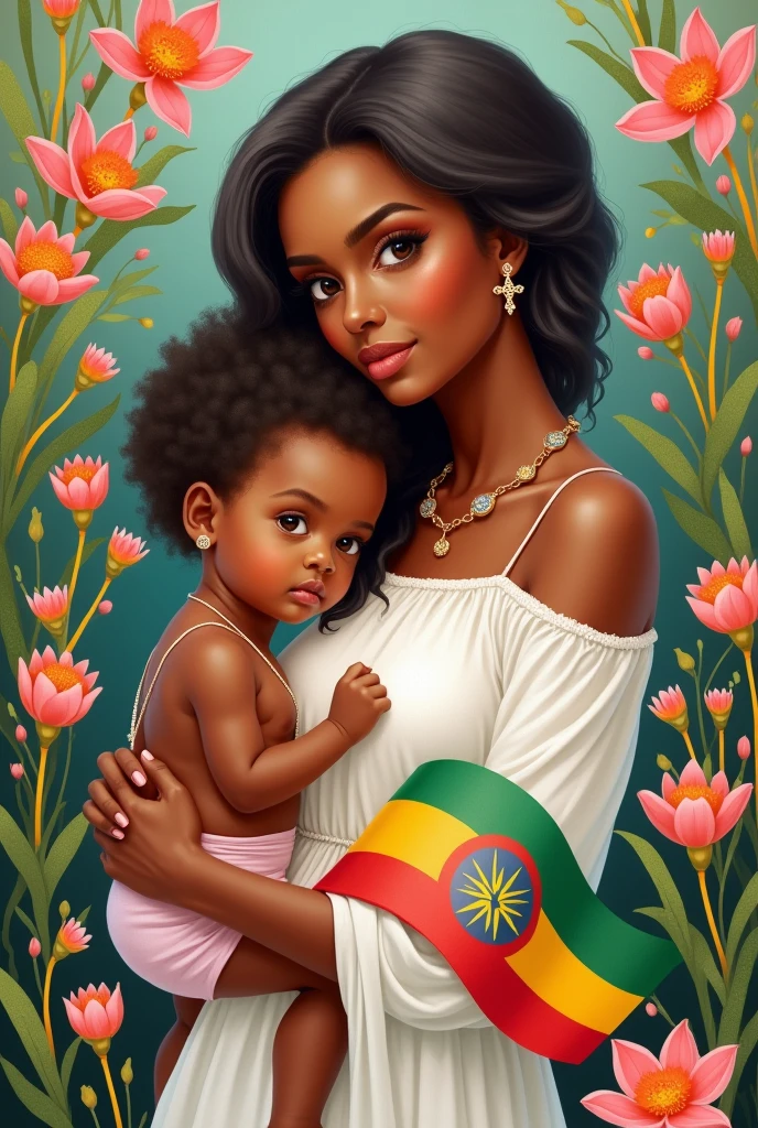 Postcard on an International Mother's Day, beautiful colours, nice picture of a Mother and her kid, flowers in background.she wearing a beautiful white dress with a strip of Ethiopian flag.her skin is less darker, she has cross earrings and cross necklace