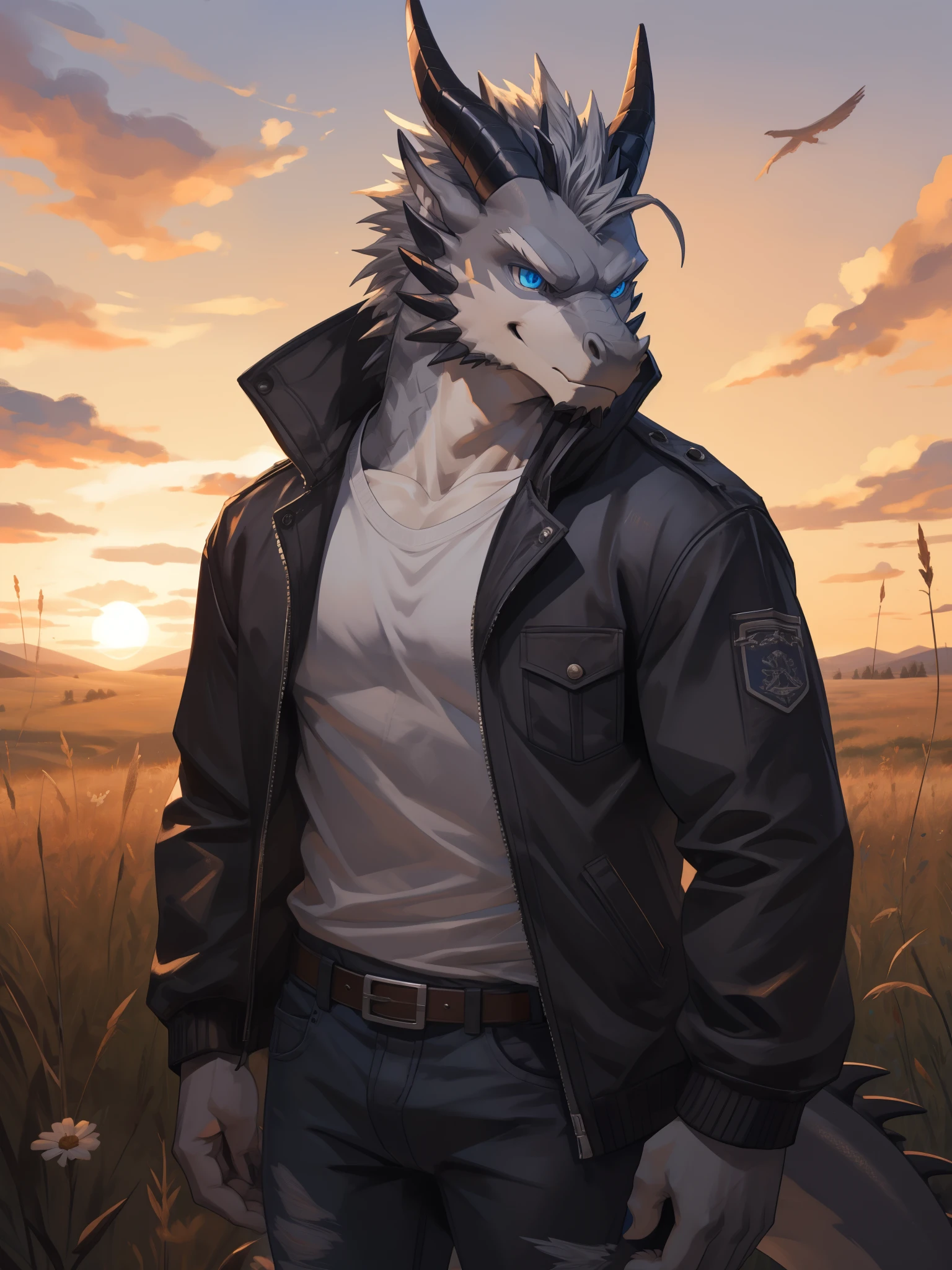 Masterpiece, Solo, (Grey dragon, Blue eyes, Medium gray hair, A Pair of black horns) Muscular Body, Handsome, Good Looking, Adult, Fierce, Smirking, White shirt, jacket, jeans, Sunset, Field Background