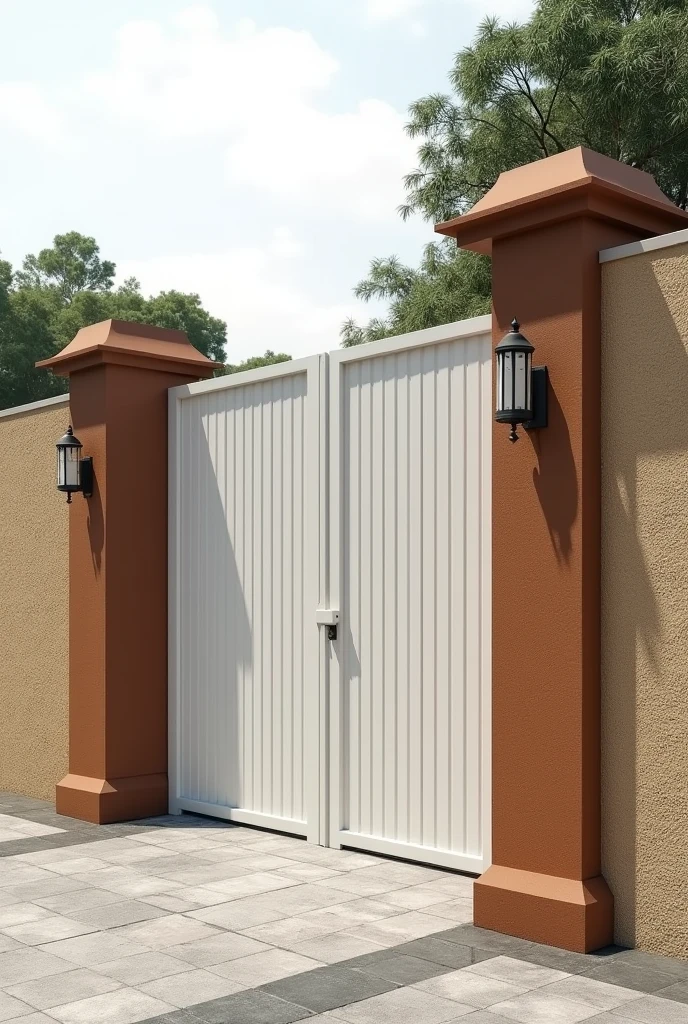 I have a 40-meter linear wall with a metal social gate painted white. (gate all closed, no air passage) and side and top columns painted in monkey brown, I need examples of designers for the wall, It has a thick roughcast texture painted in sand color, Give me photos of how I can improve the wall to make it more beautiful