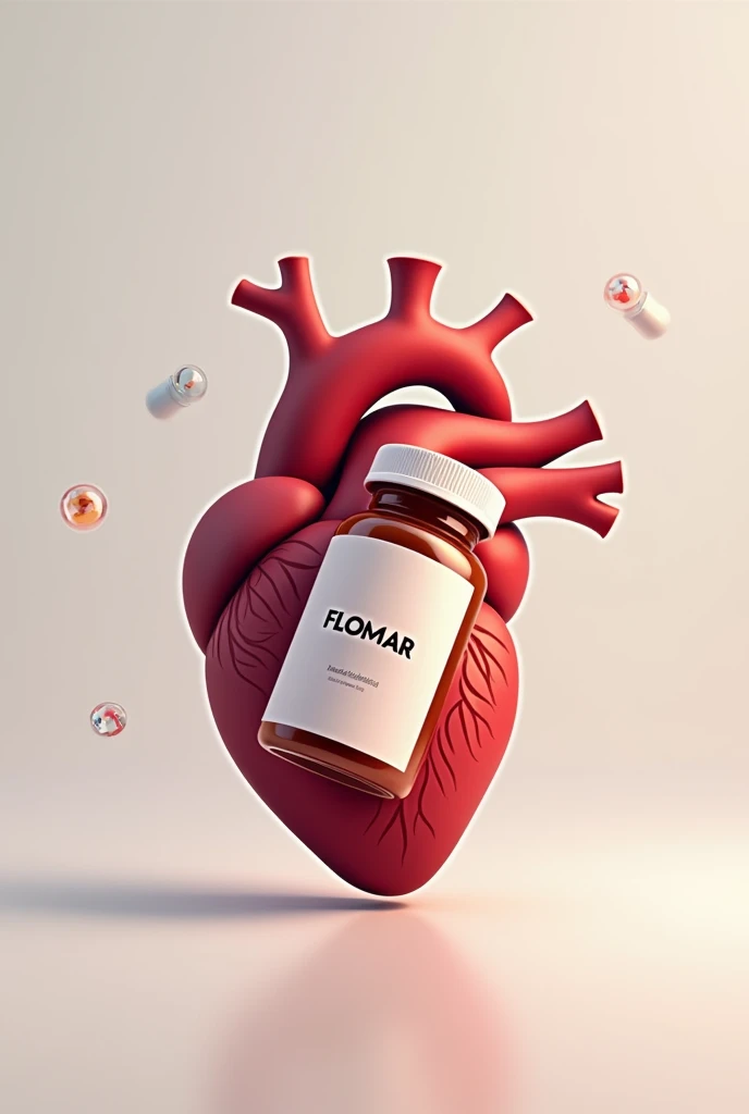 A heart with a medicine bottle and the name of the pharmaceutical company called FLOMAR 