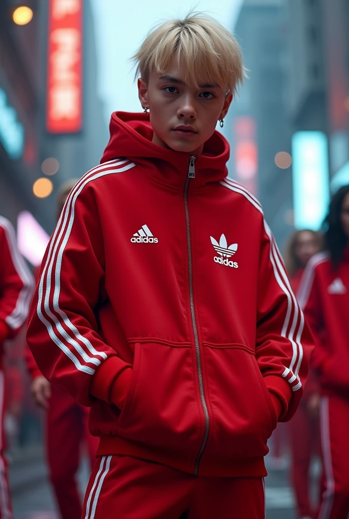 A blonde in a red Adidas rapper outfit