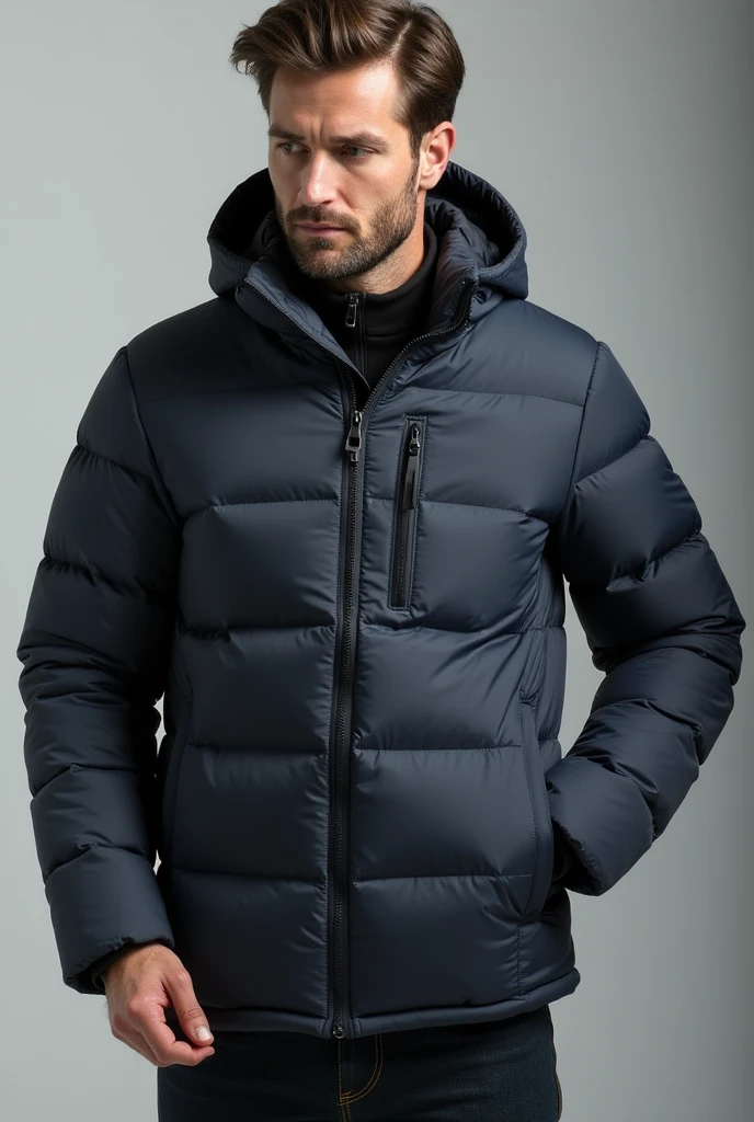high-quality mockup of a Men's wearing Down Jacket. The item is presented in a front view, versatile, sporty apparel design, include a zipper closure, featherweight feel, and casual yet stylish design