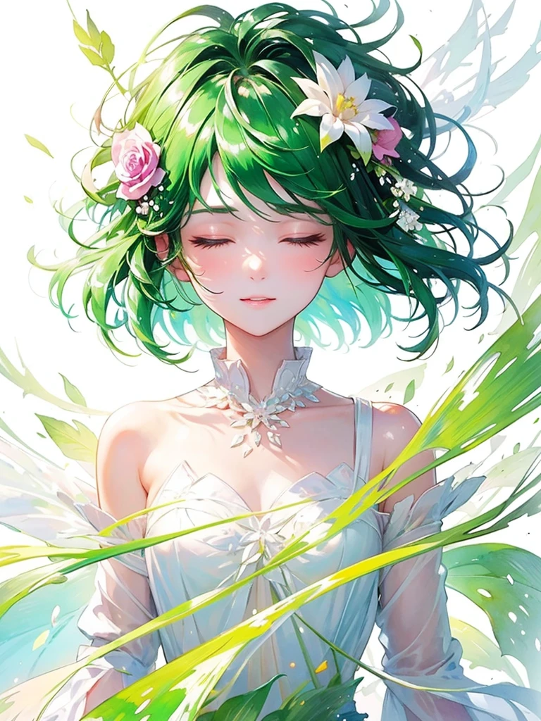 (masterpiece、Highest quality、Highest quality、Beautiful and beautiful:1.2)、Excellent anatomy、（Watercolor painting 1.5）、Long Shot、Straight short hair picture、Trendy Hair Color, Beautiful Face、I close my eyes and pray, Fairy, 蝶のFairyのコスチューム、Pure white、Pure、charm, Colorful flowers of various colors, Flowers and leaves green wind、Botanical Art, Mr.々A pose
