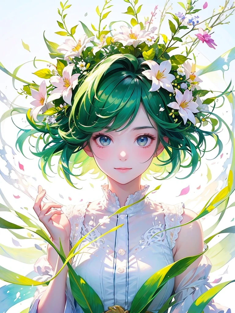 (masterpiece、Highest quality、Highest quality、Beautiful and beautiful:1.2)、Excellent anatomy、(Watercolor painting 1.5)、Long Shot、Straight short hair picture、Trendy Hair Color, Beautiful Face、I close my eyes and pray, Fairy, 蝶のFairyのコスチューム、Pure white、Pure、charm, Colorful flowers of various colors, Flowers and leaves green wind、Botanical Art, Mr.々A pose