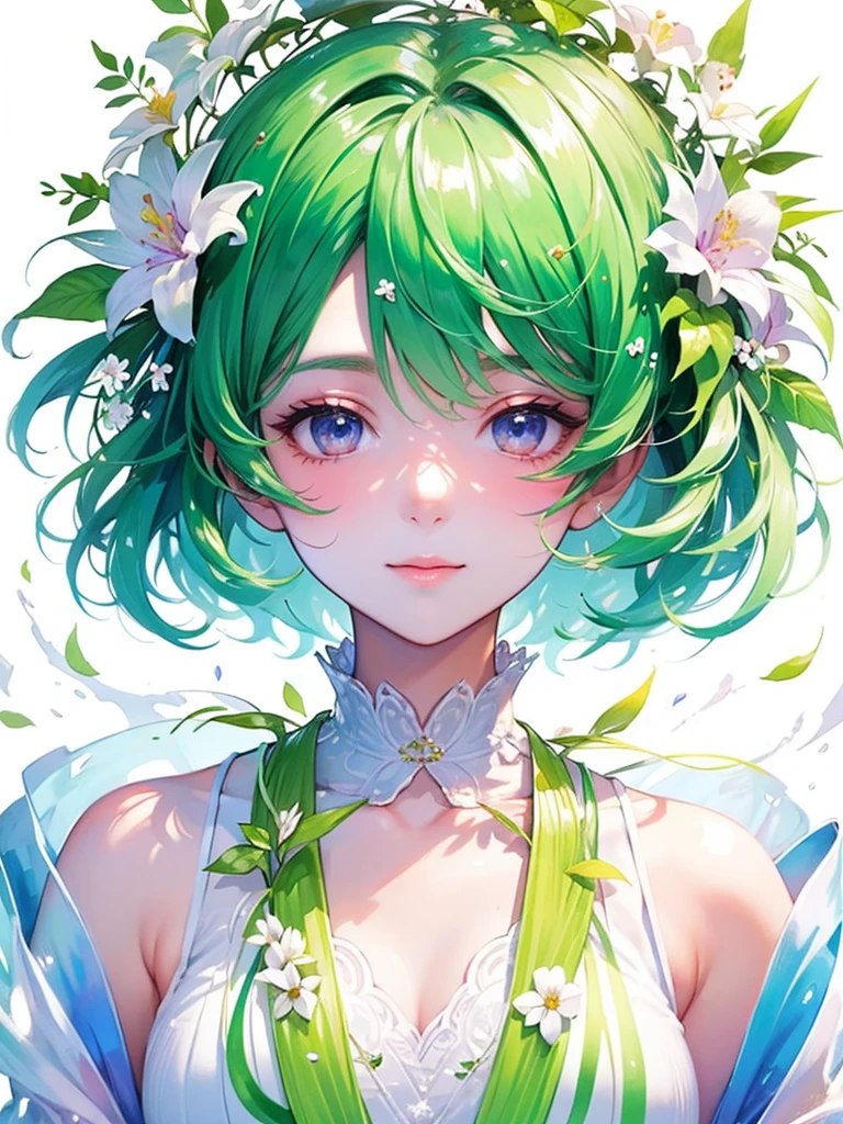 (masterpiece、Highest quality、Highest quality、Beautiful and beautiful:1.2)、Excellent anatomy、(Watercolor painting 1.5)、Long Shot、Straight short hair picture、Trendy Hair Color, Beautiful Face、I close my eyes and pray, Fairy, 蝶のFairyのコスチューム、Pure white、Pure、charm, Colorful flowers of various colors, Flowers and leaves green wind、Botanical Art, Mr.々A pose