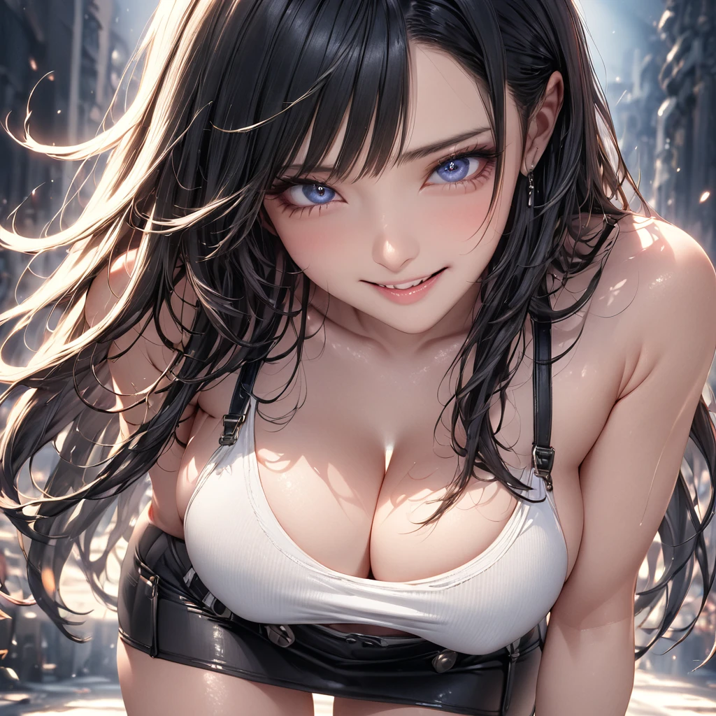 (detailed face and eyes:1.3),Tifa from Final Fantasy、n_2b,Ultra-detail,(highres:1.1),best quality,(masterpiece:1.3),cinematic lighting,black hair, large breasts, cosplay,Standing、long hair、Shiny Hair、Delicate hair、Straight Hair、Black tight mini skirt、Beautiful smile、Glowing Skin、Black Gloves、White tank top、Black suspenders、Full body angle