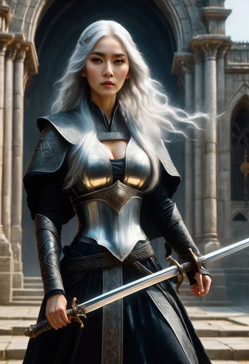 in front of the church,oriental goddess,lupus,Bright Eyes,Serious expression,,Long silver hair,Large Breasts,Perfect body proportions,Wearing the black sore cloak,Two-handed clenched broadsword.Magic runes engraved on the sword,8k,Movie Special Effects,movie lighting,realism（1：0）