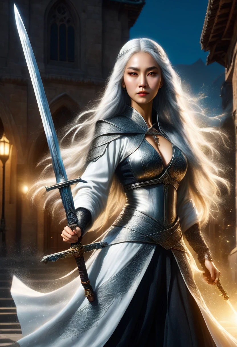 in front of the church,oriental goddess,lupus,Bright Eyes,Serious expression,,Long silver hair,Large Breasts,Perfect body proportions,Wearing the black sore cloak,Two-handed clenched broadsword.Magic runes engraved on the sword,8k,Movie Special Effects,movie lighting,realism(1:0)