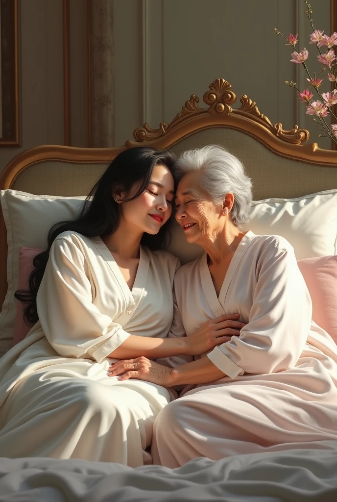 A Korean girl, beautiful, gentle, with her old mother, but still looks beautiful. They are dressed modernly. They wear nightgowns. They are on a luxurious bed, in a luxurious room.