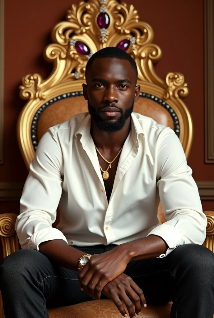 Black man. Brown skin. Dressed in white shirt and  black jeans. Sitting in an African mansion. The mansion has gold and rubies and diamond designs. Ultra high quality