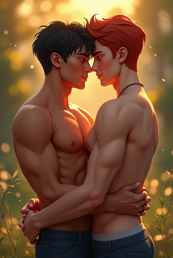 make a very realistic image of the young university students Fabricio and Lorenzo hugging each other , Fabricio has tanned skin, straight hair and light eyes, while Lorenzo is red-haired with dark eyes, they are a gay male couple, prompt