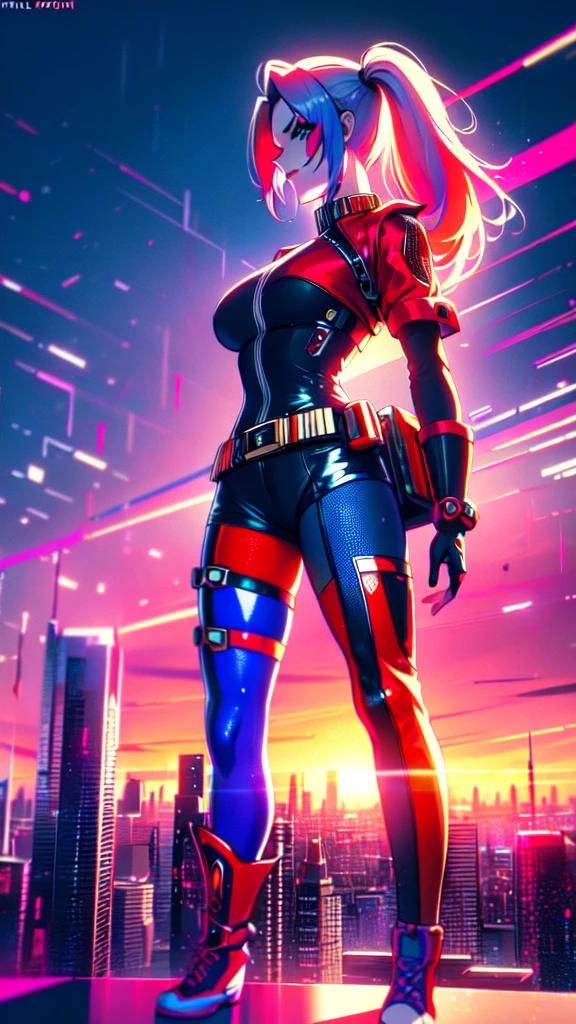 (high quality), (masterpiece), (detailed), 8K In a hyper-realistic digital rendering, a lone (Japanese girl1.2) stands amidst a futuristic cityscape, embodying the essence of (Harley Quinn1.3). Her vibrant attire clashes with the sleek, metallic surroundings, evoking a sense of rebellious energy. Trending on DeviantArt.