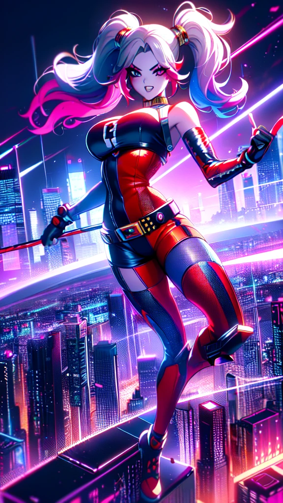 (high quality), (masterpiece), (detailed), 8K In a hyper-realistic digital rendering, a lone (Japanese girl1.2) stands amidst a futuristic cityscape, embodying the essence of (Harley Quinn1.3). Her vibrant attire clashes with the sleek, metallic surroundings, evoking a sense of rebellious energy. Trending on DeviantArt.