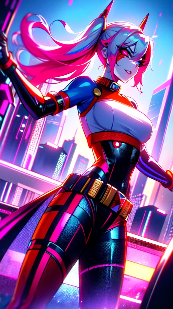 (high quality), (masterpiece), (detailed), 8K In a hyper-realistic digital rendering, a lone (Japanese girl1.2) stands amidst a futuristic cityscape, embodying the essence of (Harley Quinn1.3). Her vibrant attire clashes with the sleek, metallic surroundings, evoking a sense of rebellious energy. Trending on DeviantArt.