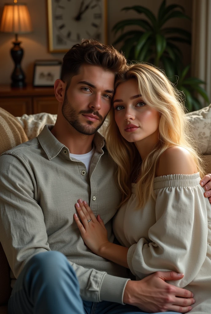 (Photorealism:1.1) a couple man dark brown hair and brown eyes together with a woman blonde green eyes long hair  in home 8k ultra realistic super detailed using alliencd