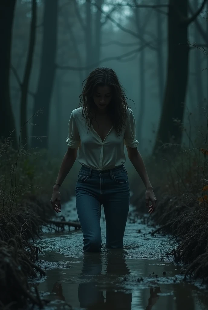 (dense damp forest), the night, (Black Sky). Tormented by lust, european woman, (Drowning in a mud swamp), Dressed in jeans and a blouse. She is embarrassed and frightened, But he can't stop anymore.