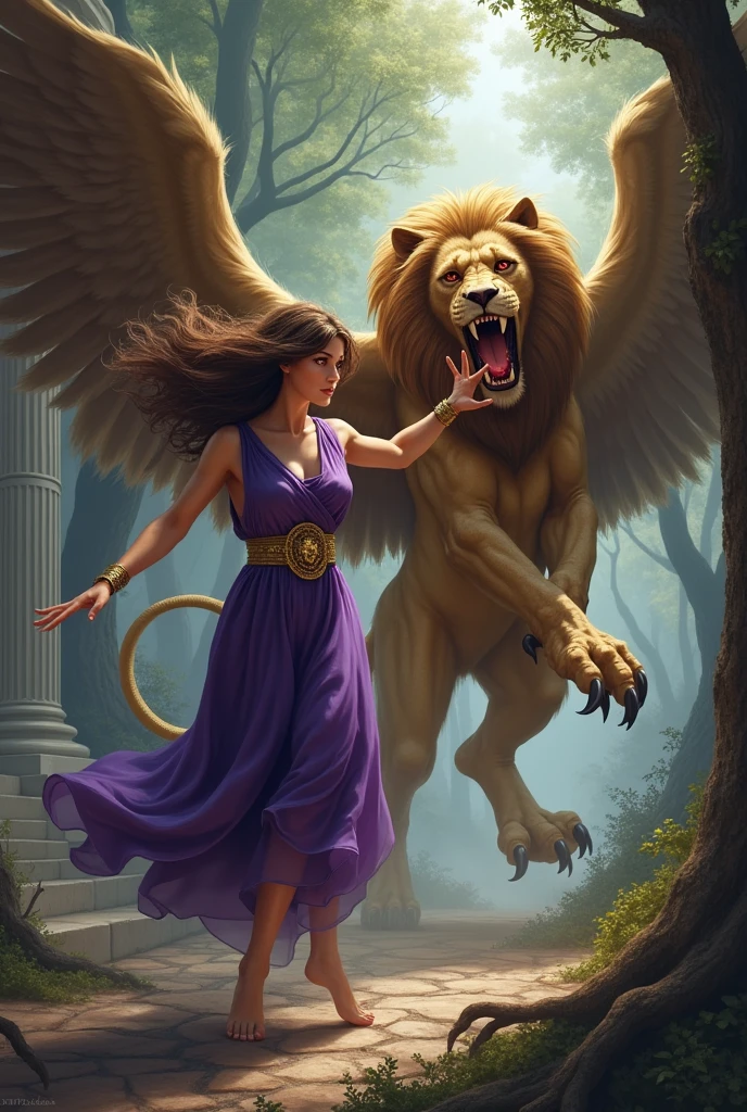 Create a lilith image with big, curious eyes, light brown hair and long purple Greek toga with golden belt and bracelets and fighting a manticore from Greek mythology. The creature must have the body of a mighty lion, covered in a golden coat, with muscular legs and sharp claws and LARGE WINGS LIKE A GRIFFIN&#39;S. The head should resemble that of a fierce human, with sharp teeth and a wild mane that blends in with the lion&#39;s fur. Your eyes should glow red, with a predatory look. The tail should be long and snake-like., ending in a venomous scorpion sting. The setting should be an ancient, dark forest., with a mystical and frightening atmosphere in an ancient Greek building 