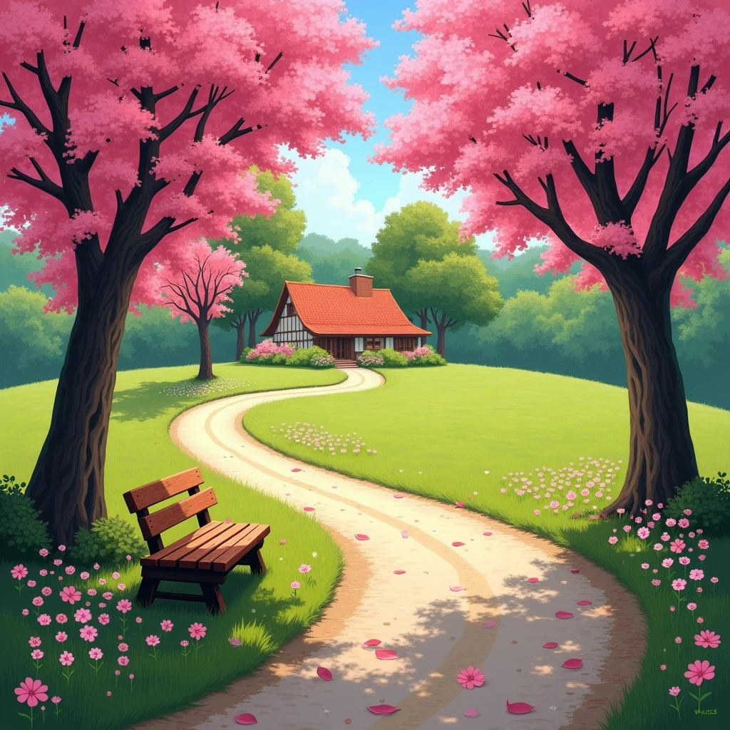 Countryside landscape with a road with several pink ipês on the sides, spring tree, green lawn and several trees, floral flowers colorful, leaves on the road, house with land at the end of the road, wooden bench, oil painting