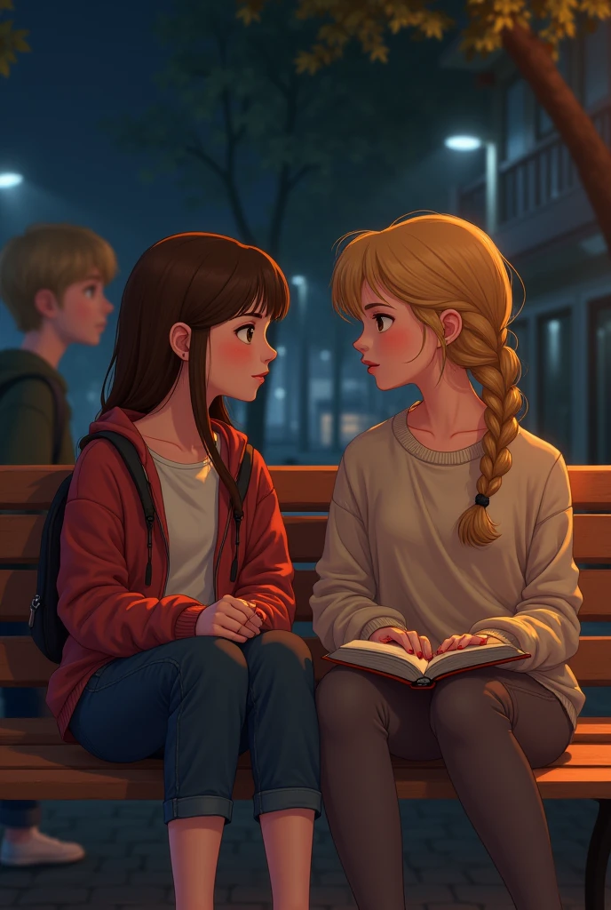 make a braid brown haired girl talking to a blonde girl on a wooden bench at night, next to a blond teenage boy reading quietly