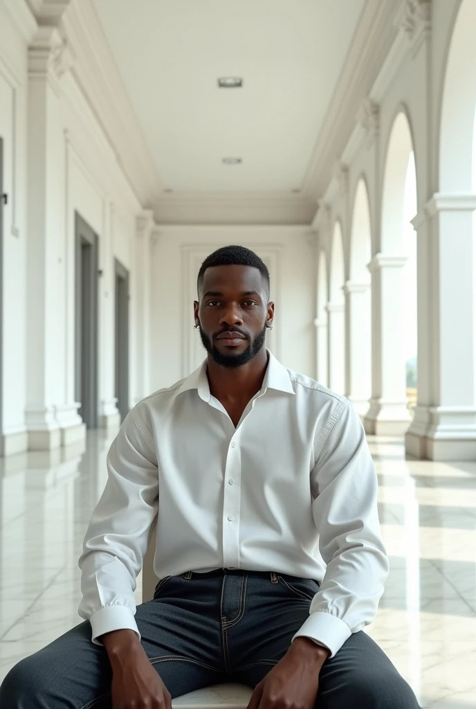 Black man. Brown skin. Dressed in white shirt and black jeans. Sitting in an African mansion. The mansion is covered entirely in white. Ultra high quality