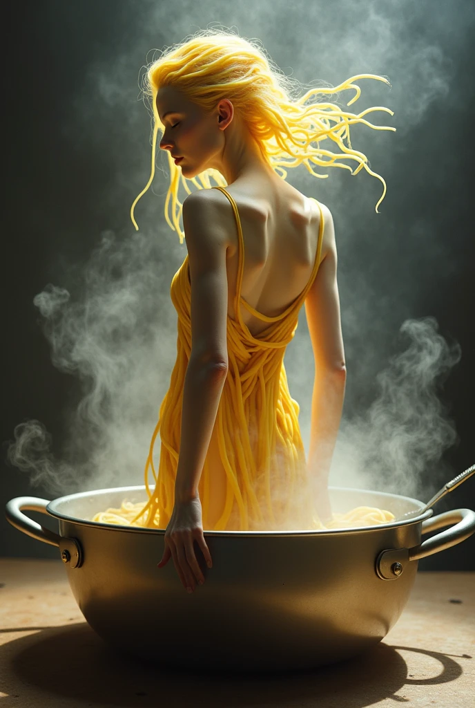 A surreal image of an elegant woman-shaped figure made of pasta strands being cooked into spaghetti in a large boiling pot. The figure’s limbs gradually dissolve into long, thin spaghetti strands, as steam rises from the boiling water. The face of the figure slowly fades, blending with the pasta strands. Above the pot, giant hands appear, twirling the spaghetti with a large fork.