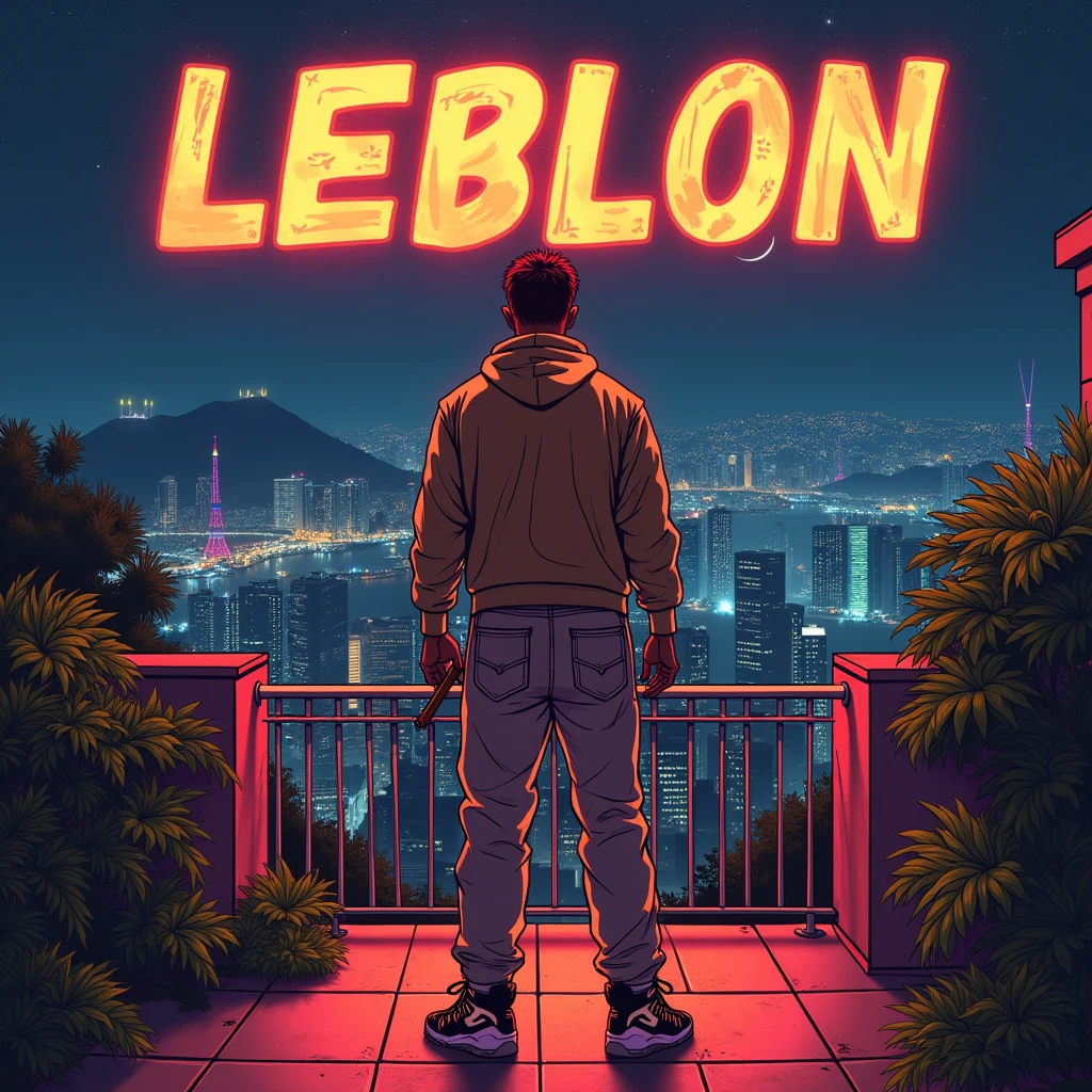 A vibrant and dynamic album cover with an aesthetic that mixes hip hop and luxury elements. Ao fundo, a night aerial view of the Leblon neighborhood in Rio de Janeiro, with illuminated skyscrapers. A male character in the spotlight, wearing sneakers "All-Star" stylised, positioned on a luxurious balcony with a cigar in his hand, looking over city. Ao fundo, a faint golden glow surrounds the character, symbolizing power and wealth. Subtle details of Japanese influences, such as a resting katana or symbols of Japanese pop culture, reinforce the theme of escape to Japan. The album title, in a modern and bold typography, floats over the scene, with a touch of NBA style.