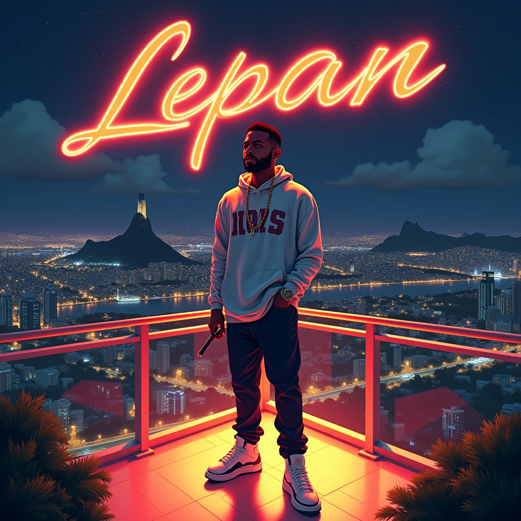 A vibrant and dynamic album cover with an aesthetic that mixes hip hop and luxury elements. Ao fundo, a night aerial view of the Leblon neighborhood in Rio de Janeiro, with illuminated skyscrapers. A male character in the spotlight, wearing sneakers "All-Star" stylised, positioned on a luxurious balcony with a cigar in his hand, looking over city. Ao fundo, a faint golden glow surrounds the character, symbolizing power and wealth. Subtle details of Japanese influences, such as a resting katana or symbols of Japanese pop culture, reinforce the theme of escape to Japan. The album title, in a modern and bold typography, floats over the scene, with a touch of NBA style.