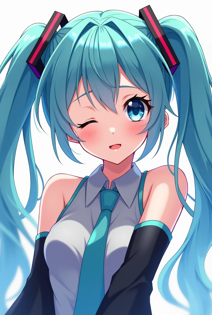 A anime girl with blue pigtails who is a singer named miku who is winking
