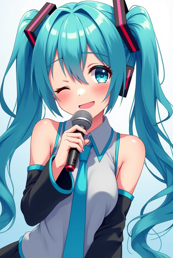 A anime girl with blue pigtails who is a singer named miku who is winking