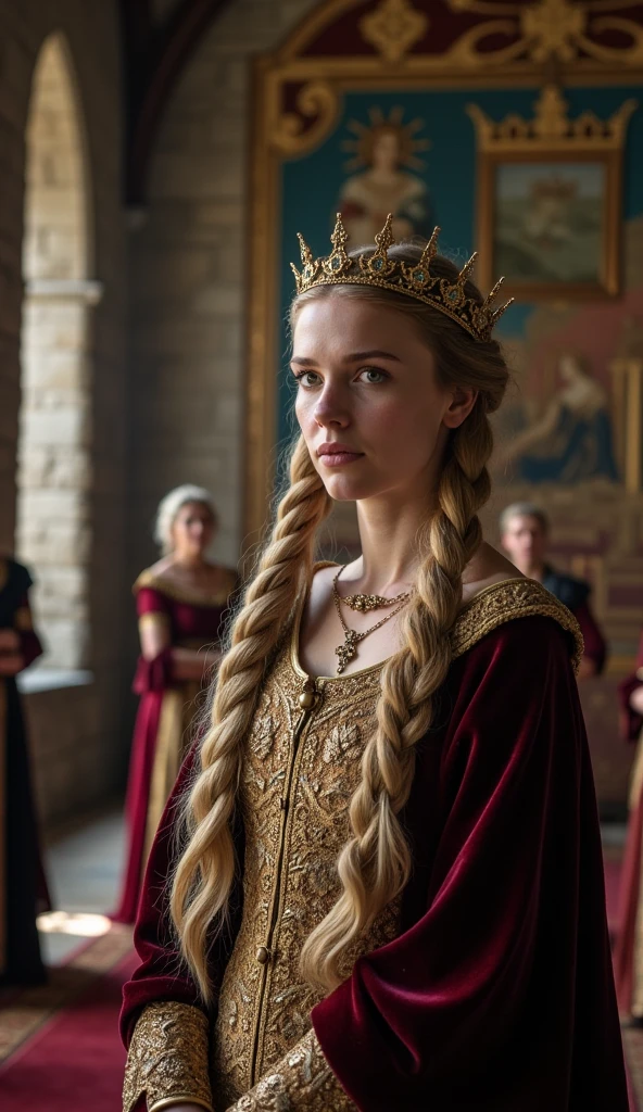 Emma of Normandy, a regal and poised queen with long, braided blonde hair, stands in the grand hall of a medieval castle; she is dressed in an elaborate 11th-century gown adorned with intricate gold embroidery, a long velvet cloak, and a jeweled crown; the scene is set during the early medieval period, with stone walls, high arched windows, and tapestries depicting royal scenes in the background; Emma's expression is somber as she gazes out over her court, torn between the weight of power and the sorrow of personal loss; in the background, courtiers and guards stand silently, observing her with a mix of respect and concern; the shot is a medium close-up, focusing on Emma's face and upper body, capturing both the intricate details of her attire and the emotional depth in her eyes; photo realism, cinematography. The camera lens size should be 200mm, aperture setting f/4.5, and ISO 1600. The medium should be color photography.