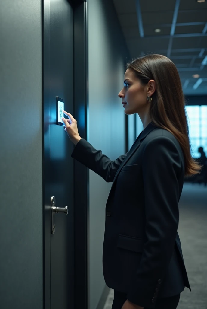 I would like to create a realistic video of an entrepreneur putting her fingerprint on to access a room