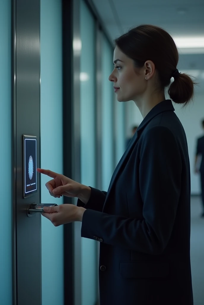 I would like to create a realistic video of an entrepreneur putting her fingerprint on to access a room